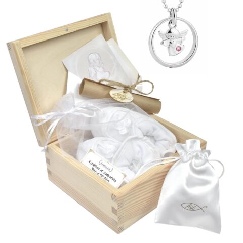 Taufe Geschenk Set Mädchen – Taufkette Silber 925, Taufring mit Engel-Motiv, Babyschuhe & Holz-Schatulle