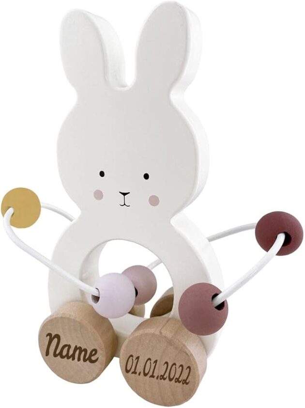 Elefantasie Spielzeug Hase mit Abakus aus Holz – personalisierbar mit Name und Datum